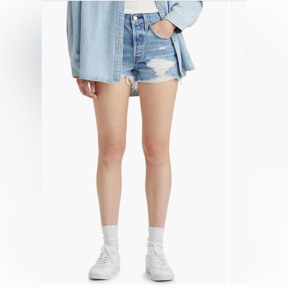 LEVI’S Shorts NWT 501 High Rise Ripped Button Fly In Quiet Riot Blue Size 24